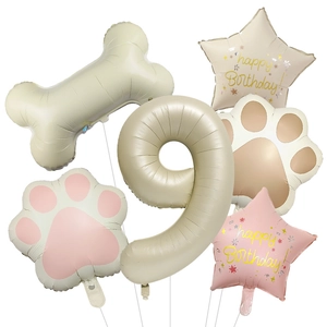 Creamy dog bone and paw foil balloon set with number 9 for pet birthday party decor