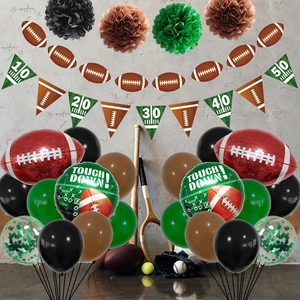 Detail of football party kit with Super Bowl balloons and touchdown banners