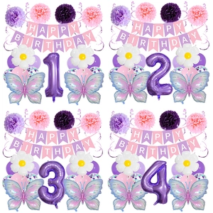 Decorazioni Per Feste Di Compleanno A Farfalla Rosa Viola Banner Happy Birthday Palloncini In Alluminio Lattice Pom Poms Di Carta Ragazze