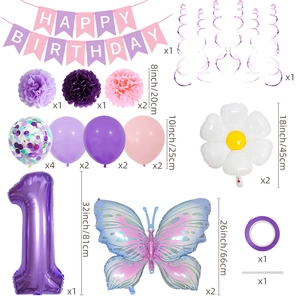 Set per compleanno da bambina con palloncini a farfalla e fiori di carta rosa viola