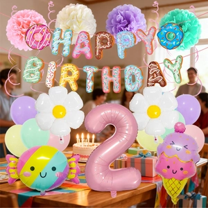 Set decorazioni 2 compleanno tema gelato con palloncino rosa numero 2 e fiori margherita