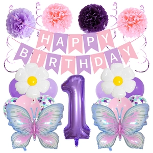 Set decorazioni 1° compleanno rosa e viola con palloncini a farfalla e striscione