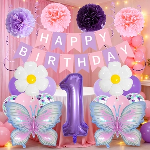 Set festa 1° compleanno rosa e viola con palloncini a farfalla e fiori di carta