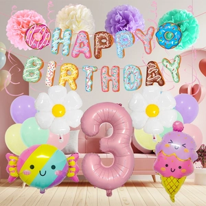 Set decorazioni 3 compleanno a tema ciambella e gelato con palloncini e festoni