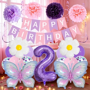 Kit decorazioni compleanno rosa e viola con palloncini a farfalla e striscione di auguri