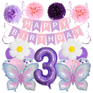 Set decorazioni 3° compleanno con palloncini a farfalla rosa viola e banner di auguri