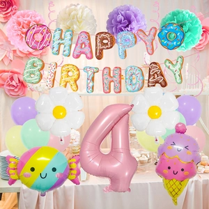 Kit decorazioni compleanno 4 anni tema donut con palloncino numero 4 e striscioni
