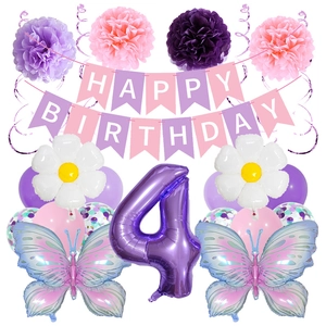 Set decorazioni 4° compleanno rosa e viola con palloncini a farfalla e fiori