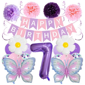 Decorazioni per 7 compleanno rosa e viola con palloncini a farfalla e fiori di carta