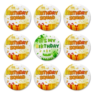 9-piece tinplate birthday badge set with Birthday Squad and It's My Birthday themes