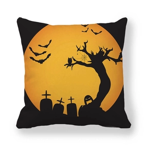Square Halloween peach skin pillowcase with spooky graveyard and orange moon design