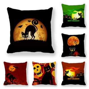 Halloween Black Cat Moon Pumpkin Peach Skin Velvet Throw Pillow Cover Decorative Square Cushion Case For Home Sofa Decor