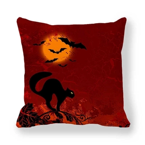 Halloween black cat and bat silhouette throw pillow cover with orange moon