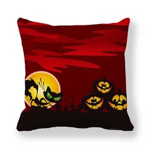 Halloween throw pillow cover with black cat and pumpkin lanterns on red background