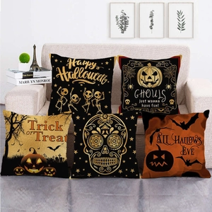 Juego de cinco fundas de cojín de lino para Halloween con motivos de calabaza, calavera y murciélago