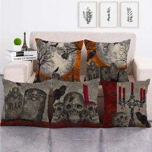 Halloween Gothic Skull Linen Cushion Cover Raven Gravestone Decorative Pillowcase For Sofa Living Room Home Decor