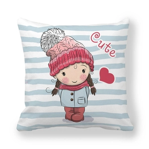 Detail of soft peach skin pillowcase with cute cartoon girl and blue stripes pattern