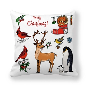 Detail of Christmas pillowcase featuring reindeer, cardinal birds and Merry Christmas text