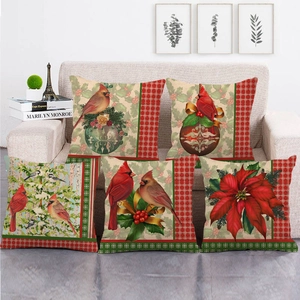 Christmas Cardinal Bird Linen Blend Pillow Cover Winter Holiday Holly Poinsettia Decorative Cushion Cover For Sofa Home Decor