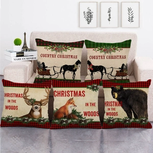 Christmas Pillow Covers Linen Blend Animal Reindeer Fox Pattern Buffalo Plaid Rustic Cushion Case For Sofa Home Decor