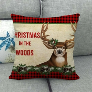 Christmas reindeer linen pillow cover with red buffalo plaid and woods pattern