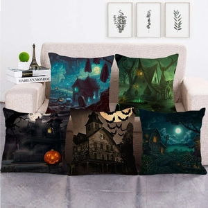 Halloween Haunted House Pumpkin Bat Linen Pillowcase Gothic Spooky Decorative Throw Pillow Cover For Sofa Home Party Decor