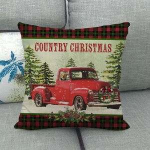 Detail of Country Christmas linen pillowcase with vintage truck and plaid borders