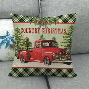 Detail of Country Christmas pillow cover with vintage red truck and green plaid border