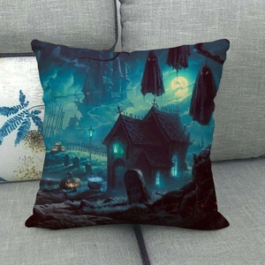 Detail of Halloween ghost house linen pillowcase showing haunted scene on gray sofa