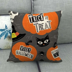Halloween throw pillow covers with pumpkin and black cat designs for festive sofa decor