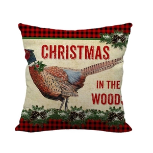 Christmas cushion cover with pheasant print and red buffalo plaid edges on linen fabric