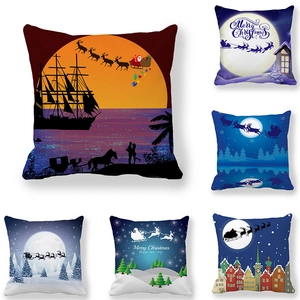 Christmas Sleigh Reindeer Moon Peach Skin Velvet Throw Pillow Case Decorative Square Cushion Cover For Sofa Home Decor
