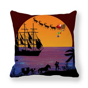 Detailed view of Christmas deer silhouette pillowcase with sunset beach print scenery