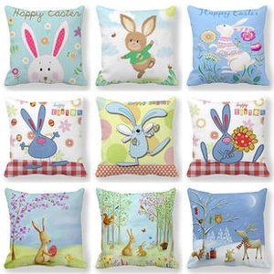Detail showing a 9-piece set of linen Easter pillowcases with bunnies and eggs