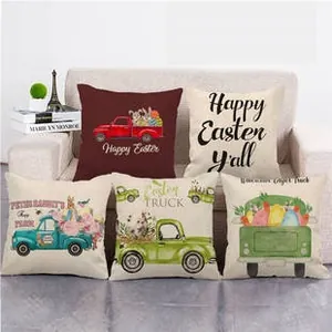 Detailed view of five Easter linen pillowcases with festive rabbit and truck prints