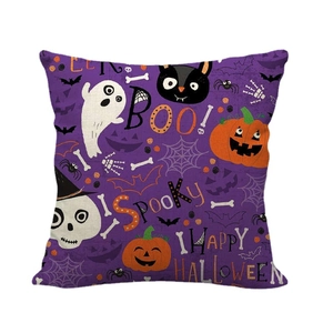 Purple Halloween pillow cover with pumpkin, ghost, and bat patterns on linen texture