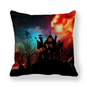 Halloween peach skin pillowcase featuring a haunted castle, wizard, and black cat design