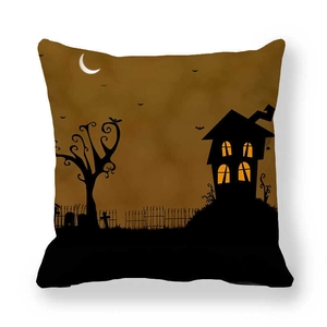 Halloween decorative throw pillow case featuring haunted castle and moon silhouette