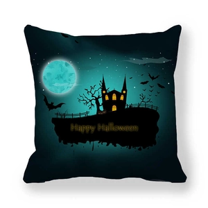 Detail of Halloween pillowcase featuring blue full moon and silhouette castle design