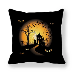 Detailed view of Halloween pillow cover featuring spooky castle and full moon motif