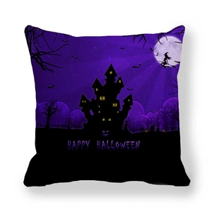 Detail of purple Halloween pillowcase with castle witch silhouette and happy halloween text
