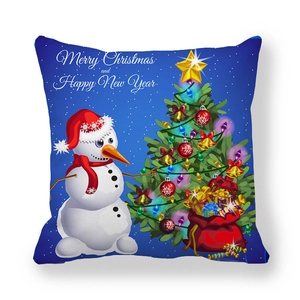 Housse de coussin de Noël bleue avec bonhomme de neige et texte festif joyeux
