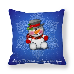 Housse de coussin de Noël bleue avec bonhomme de neige et message Merry Christmas
