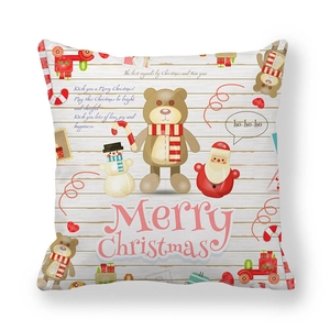 Christmas Peach Skin Cushion Cover with Santa, Snowman and Teddy Bear on Wood Background