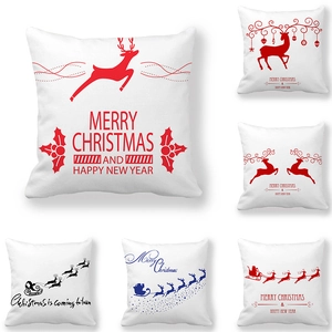 Housse De Coussin De Noël Polyester Peau De Pêche Imprimé Renne Père Noël Traîneau Décoration De Fête Douce
