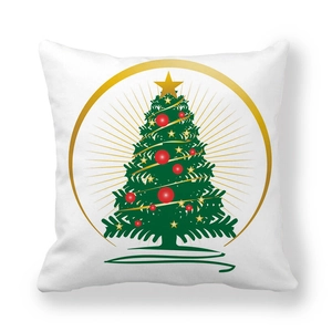 Christmas tree pillow cover with green tree and gold stars on white peach skin fabric
