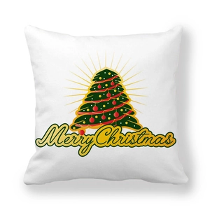 White Christmas tree throw pillow cover with green pine motif and Merry Christmas text