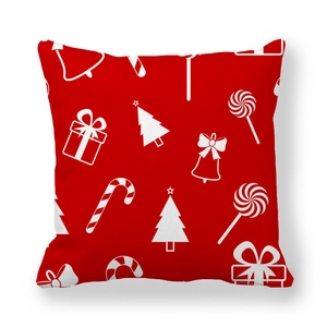 Housse de coussin de Noël rouge avec motifs festifs blancs d'arbres et cloches