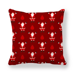 Red Christmas pillow case with repeated Santa Claus and gift bag pattern on soft peach skin