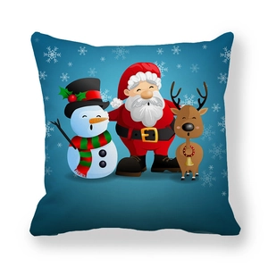 Dettaglio del motivo Babbo Natale e renna su federa per cuscino blu con fiocchi di neve